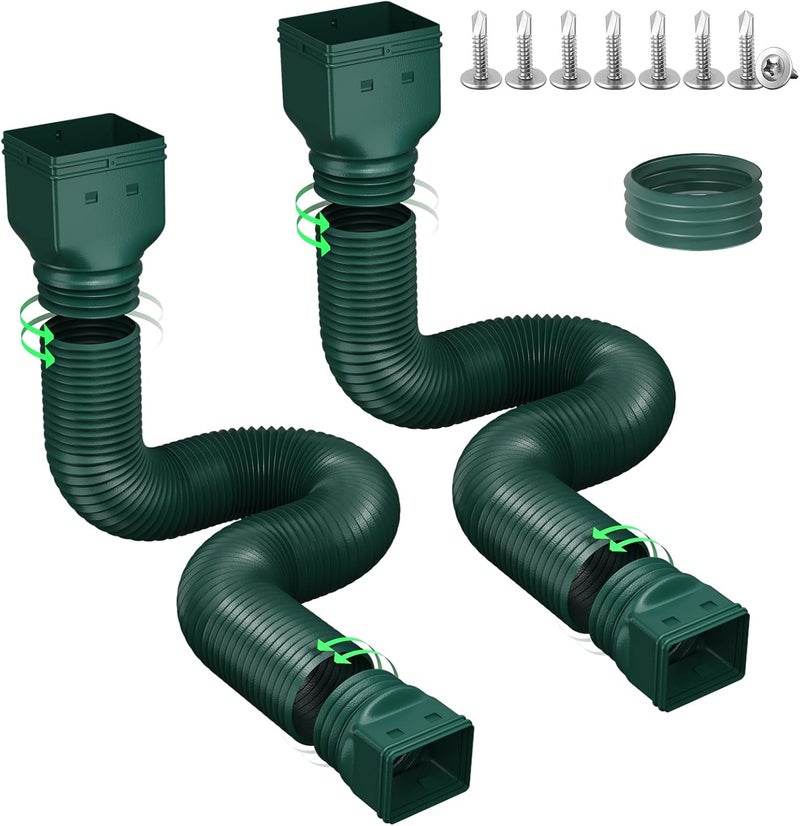Ogutter Rain Gutter Downspout Extensions, Downspout Extender for Rainwater Drainage Flexible, Extendable 58"+66" Down Spout Drain Extension Pipes (2 Pack, Green) - Image 1